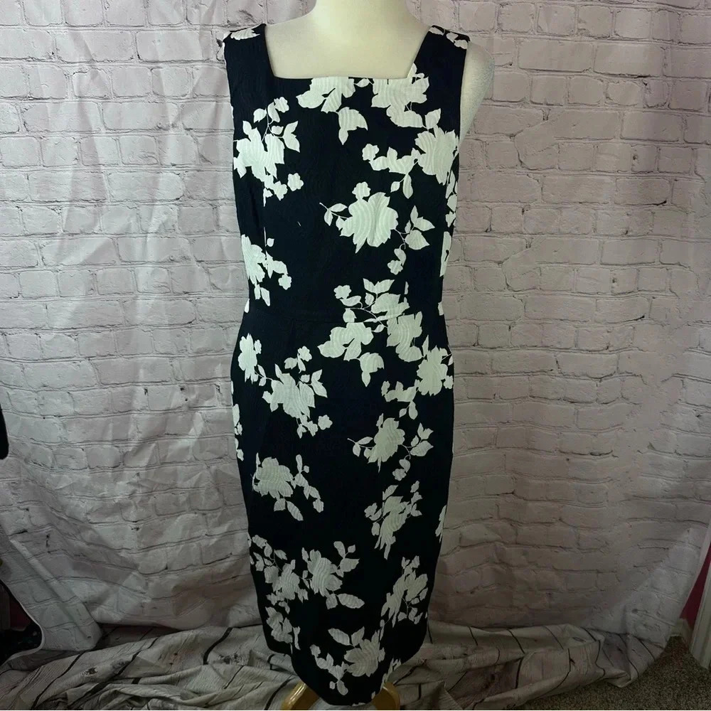 talbots navy white floral sleeveless sheath dress sz 10